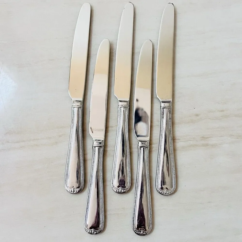 5pc WALLACE Newcastle Dinner Knife 9 1/2” Stainless Glossy Bead Outline RoundTip